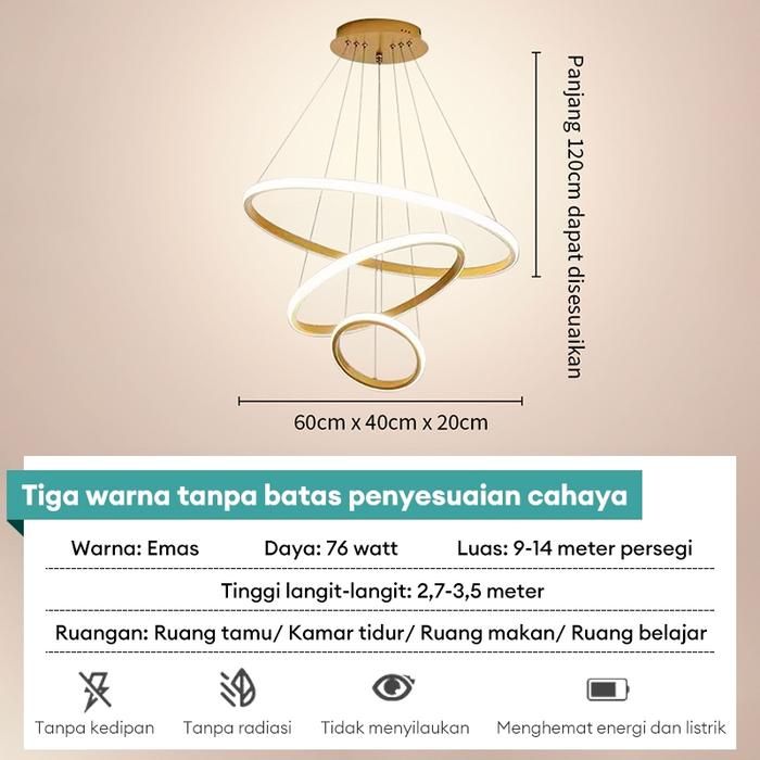 Gambar Lampu Plafon Lampu Gantung Emas 3 Ring LED 3 Warna Ceiling Lamp Sederhana Ruang Makan Ruang Tamu Chandelier Murah - emas mewah dari lampu123 undefined Tokopedia