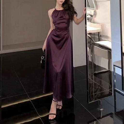 Gambar Midi Long Dress Silky Satin Open Back Waist Elegant Party Korean Style - Purple, M dari SNB Catwalk undefined Tokopedia