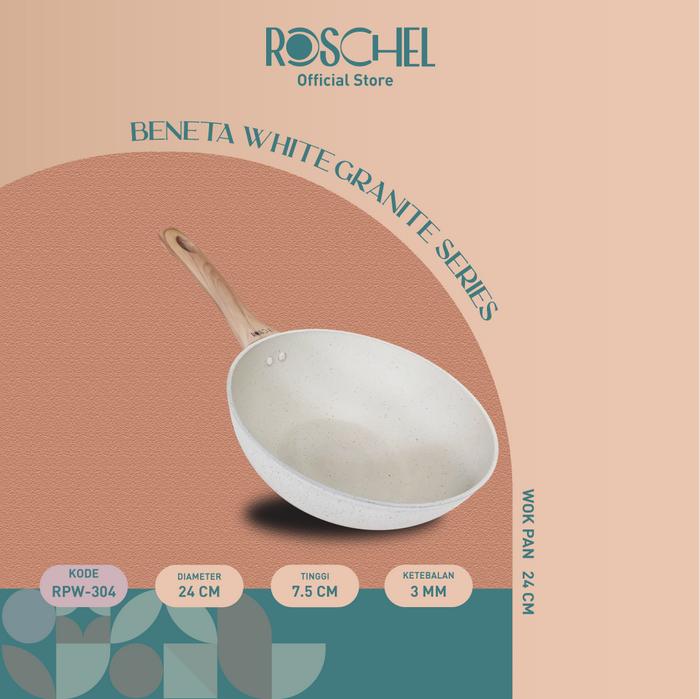 Gambar Roschel Beneta White Marble Coating Non-Stick Wok Pan 20, 24 , 26 , 28, 32 cm + Tutup Kaca Panci Wajan Penggorengan Anti Lengket Induksi Putih - Ukuran 24cm, Dengan Tutup dari Roschel Home undefined Tokopedia
