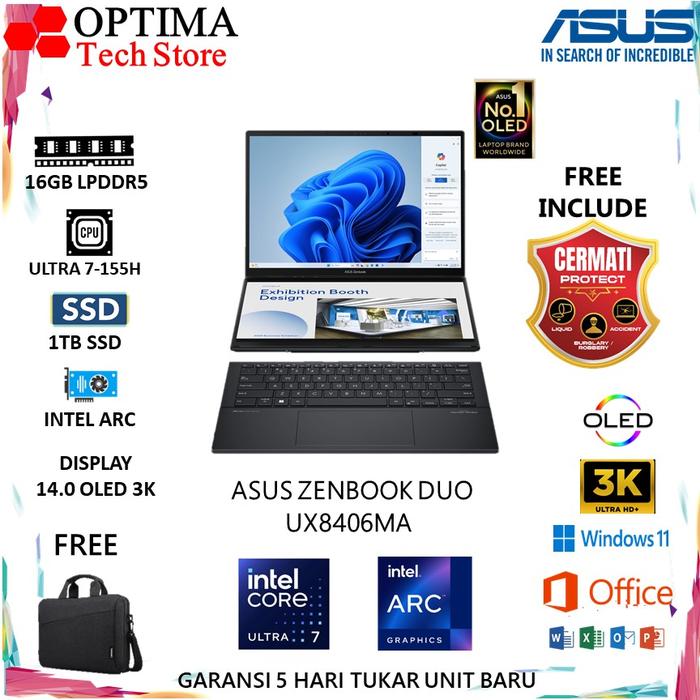Gambar ASUS Zenbook DUO UX8406MA AI OLED TOUCH intel ULTRA 7-155H Ram 16GB 1TB DUAL 14.0 3K+FHD 120HZ PEN - Unit Only dari Optima Tech undefined Tokopedia
