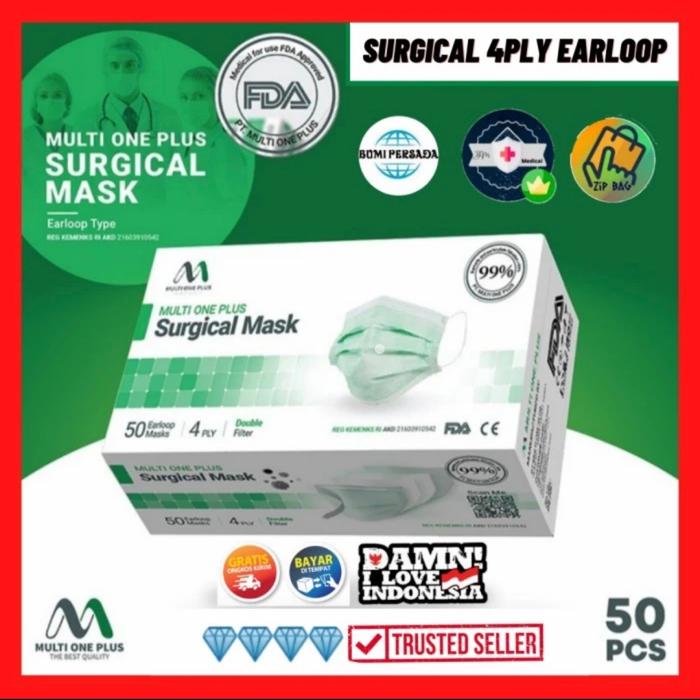 Gambar masker surgical earloop multi one plus 4ply Hijau kemenkes - MOP Earlop 4Ply dari MentariMultiMakmur.ID undefined Tokopedia