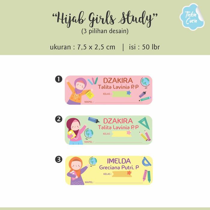 Gambar PO Sticker Label Nama tema "Hijab girls & Peci boys" utk buku pelajaran anak (isi 50 lbr) - Cewek Hijab, Vynil dari Tickie Cutie undefined Tokopedia