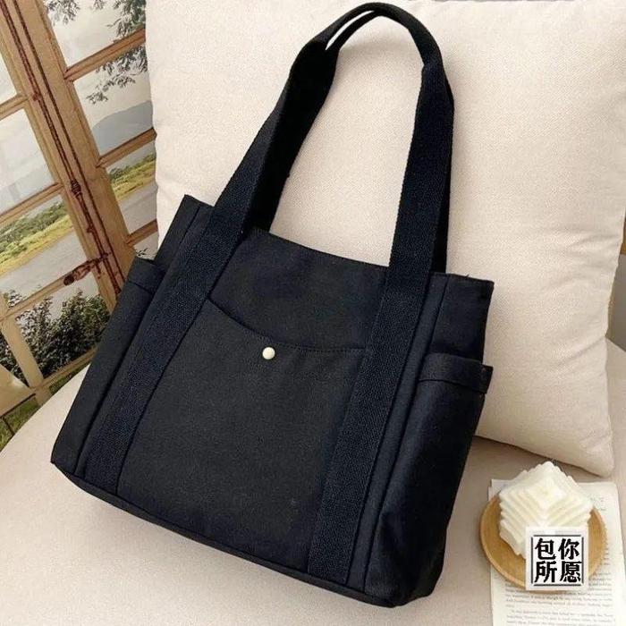 Gambar TAS TOTE BAG WANITA KANVAS KULIAH KOREA FASHION TAS BAHU LAPTOP - BLACK dari Juswit undefined Tokopedia