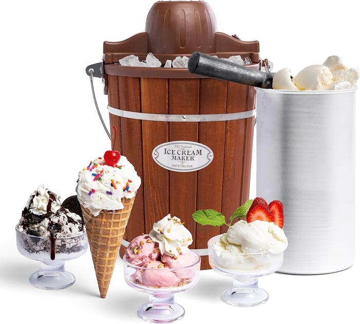 Gambar Nostalgia Electric Ice Cream Maker - Old Fashioned Soft Serve Ice Cream Machine Makes Frozen Yogurt or Gelato in Minutes - Fun Kitchen Appliance - Vintage Wooden Style - Dark Wood - 6 Quart dari Home and Kitchen USA undefined Tokopedia
