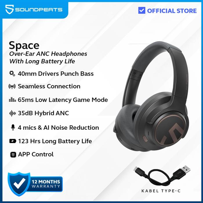 Gambar SoundPEATS Space Hybrid ANC Wireless Over-Ear Headphone - Black dari ZTH Official undefined Tokopedia