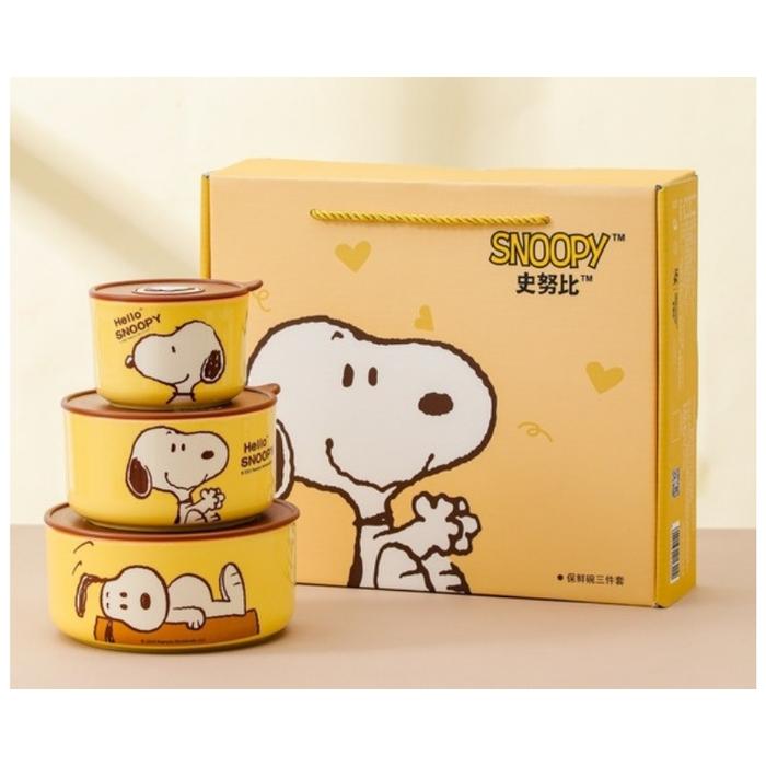 Gambar Snoopy Ceramic Lunch Box 3-piece set crisper bowl microwave oven kotak makan keramik snoopy kedap udara BPA Free Dengan Tutup - Kuning dari Blou Homesense undefined Tokopedia