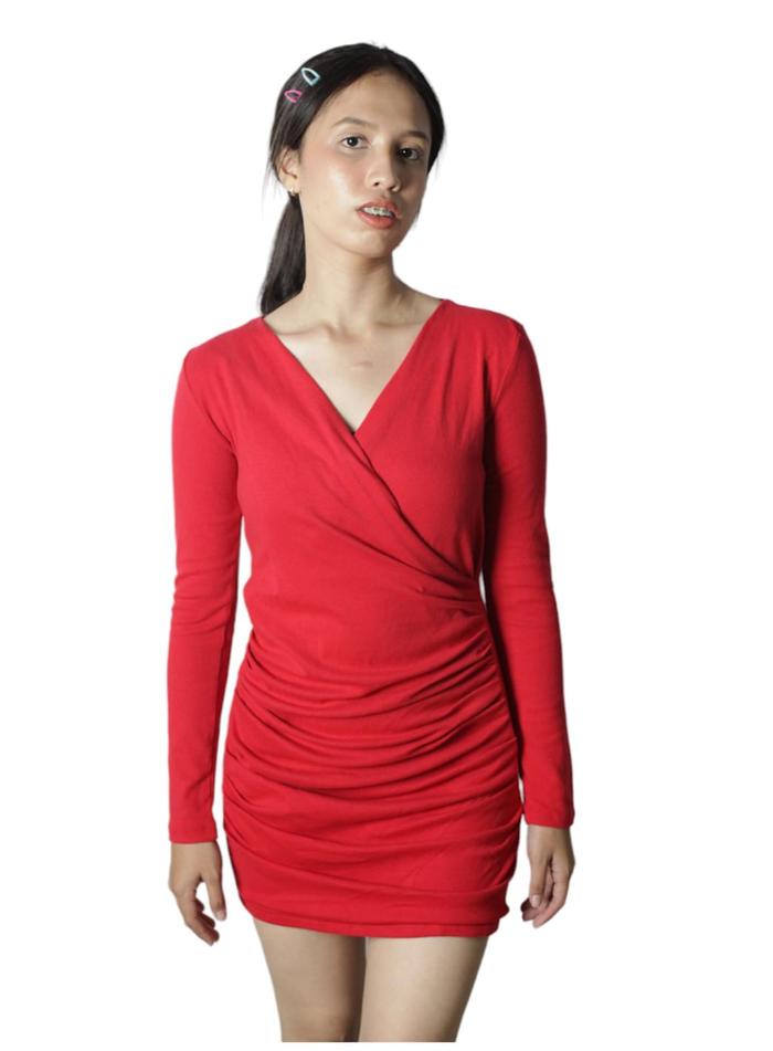 Gambar ELLE Apparel Original-slim fit dress with cross collar - Merah, M dari ElleLadies undefined Tokopedia