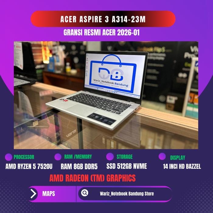Gambar ACER ASPIRE 3 A314-23M RYZEN 5 7520U RAM 8GB DDR5 SSD 512GB NVME dari Wariz Notebook Bandung undefined Tokopedia