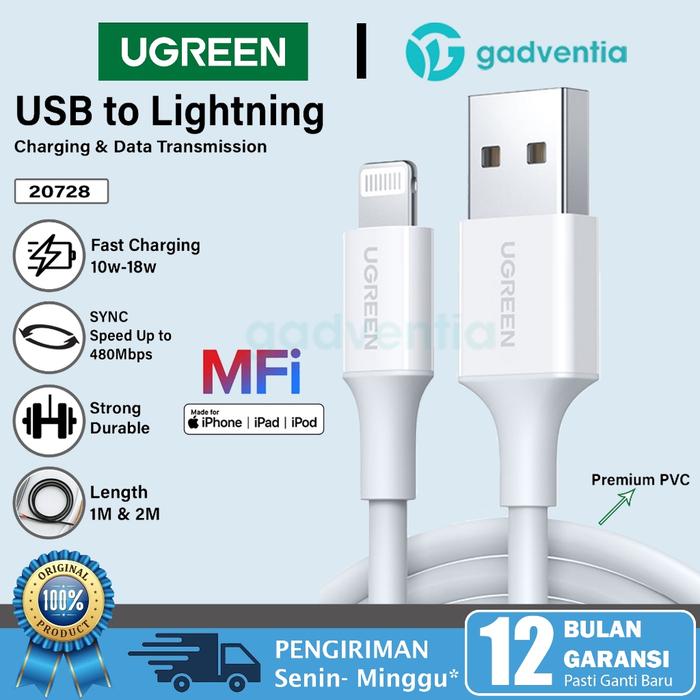 Gambar UGREEN Kabel Charger Data iPhone 6 7 8 X XR XS 11 12 13 14 Series iPad MFi USB To Lightning Dan Type C To Lightning - USB to L White, 1 METER  dari GADVENTIA undefined Tokopedia
