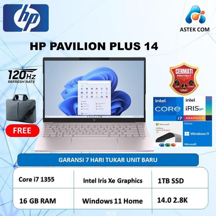 Gambar HP Pavilion Plus 14 OLED i7 1355 16GB 1TB 14.0 2.8K 120Hz - NON BUNDLE, PINK dari Astek Com undefined Tokopedia
