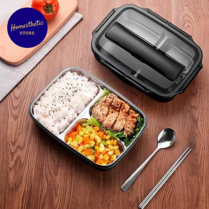 Gambar Kotak Bekal Makan Siang Bento Lunch Box Stainless Steel Anti Tumpah Tahan Bocor Gratis Sendok dan Sumpit - Hitam 3 grid dari Homesthetic Store undefined Tokopedia