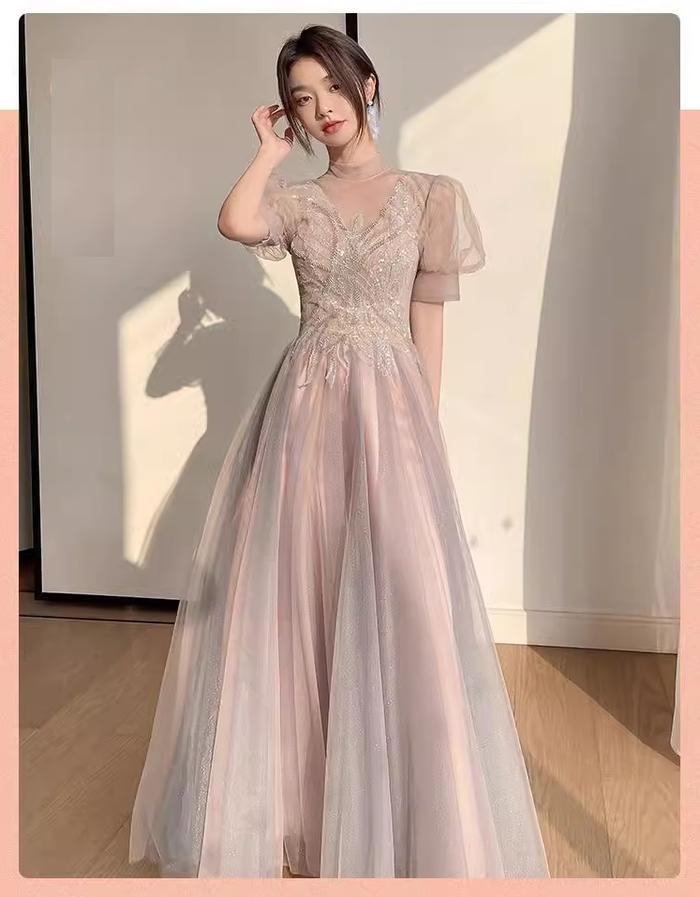 Jual Gaun Pesta 2404012 Pink V Neck Lengan Siku Party Dress XL