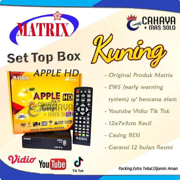 Gambar Set Top Box Matrix Apple DVBT2 Burger Merah Hijau DVB2IP STB Antena Digital ASO UHF Apel RCA HDMI HD DVB T2 1gb GIgabits RAM 128mb - STB Apel Kuning, Kabel RCA dari Cahaya Mas Solo undefined Tokopedia
