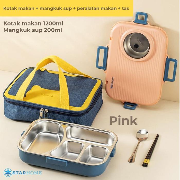 Gambar Kotak Makan Tempat Bekal Lunch Box Stainless Steel SUS 304 Kapasitas 1400ml Bonus Tas Bekal - Pink dari Starhome Indonesia undefined Tokopedia