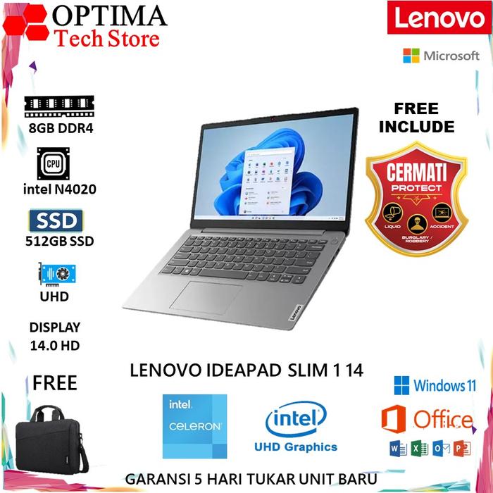 Gambar Lenovo Ideapad slim 1 14 N4020 8GB 512GB W11+OHS 14.0 HD - Unit Only, 8/256 W11+OHS dari Optima Tech undefined Tokopedia