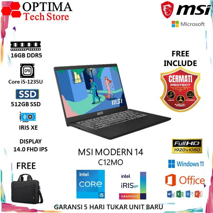 Gambar Msi modern 14 core i5-1235U Ram 8GB 512GB SSD W11+OHS 14.0 FHD IPS - Unit Only, 8GB 512GB SSD dari Optima Tech undefined Tokopedia