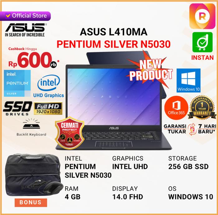 Promo Laptop ASUS L410MA Pentium silver N5030 4gb 256gb ssd w10 14