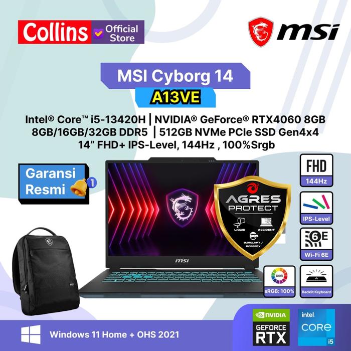 Gambar MSI Cyborg 14 A13VE i5 13420H RTX4050 512GB 14" FHD sRGB 100% W11 OHS - RAM 8GB dari Collins Official undefined Tokopedia