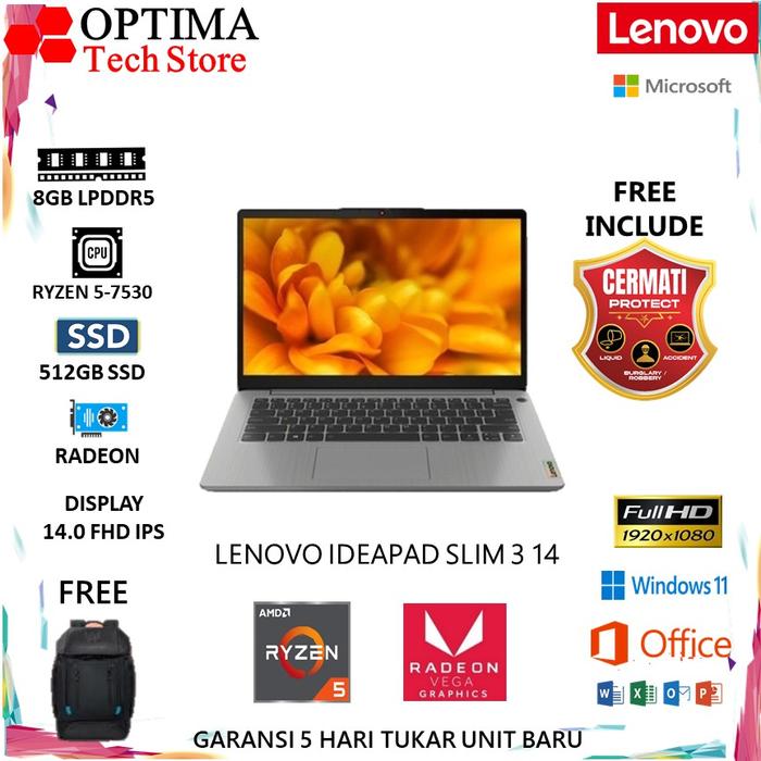 Gambar LENOVO IDEAPAD SLIM 3 14 RYZEN 5 7520 16GB 512GB W11+OHS 14.0FHD BLIT - Unit Only dari Optima Tech undefined Tokopedia