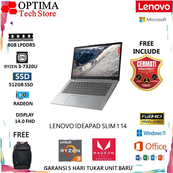 Gambar Lenovo ideapad slim 1 14 Ryzen 3-7320U Ram 8GB 512SSD W11+OHS 14.0 FHD - Unit Only, 8/512GB GRAY dari Optima Tech undefined Tokopedia