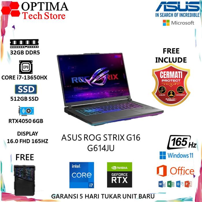 Gambar ASUS ROG STRIX G614JU intel i7-13650HX 32GB 512SSD RTX4050 6GB 16.0FHD - Unit Only, 16/512GB dari Optima Tech undefined Tokopedia