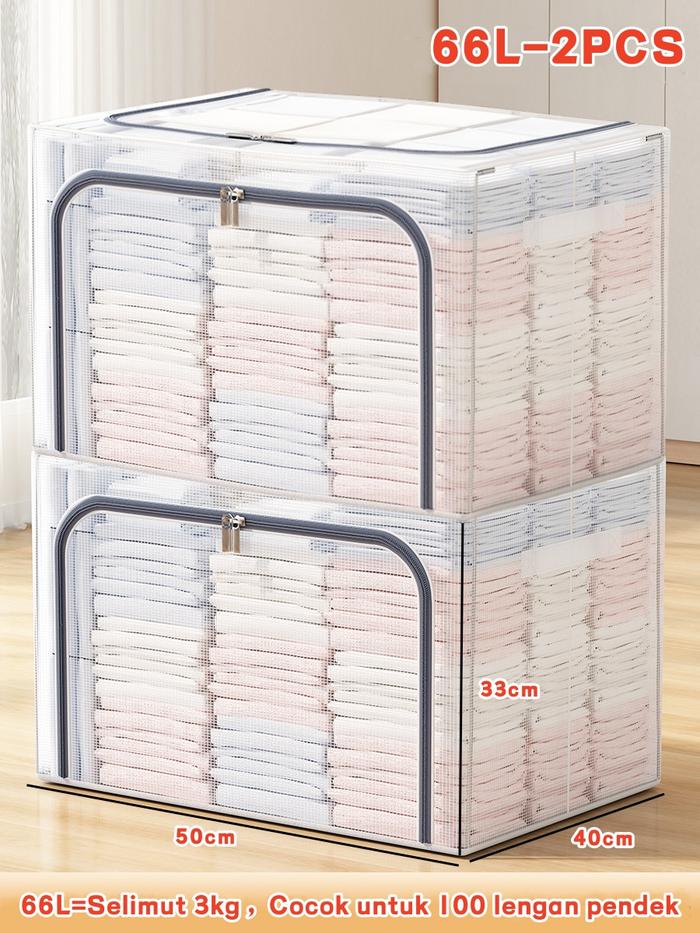 Gambar 66/110L Kotak Penyimpanan storage box Baju Penyimpanan transparan tahan air Kotak Kapasitas ekstra besar box Rangka baja lipat serbaguna lemari pakaian - 66L(Abu-abu)*2 dari Dunia keluarga undefined Tokopedia