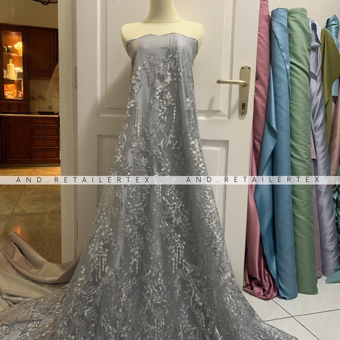 Gambar Kain Brokat Tile Full Payet Gracia Warna Silver Abu dari AND RETAILERTEX undefined Tokopedia