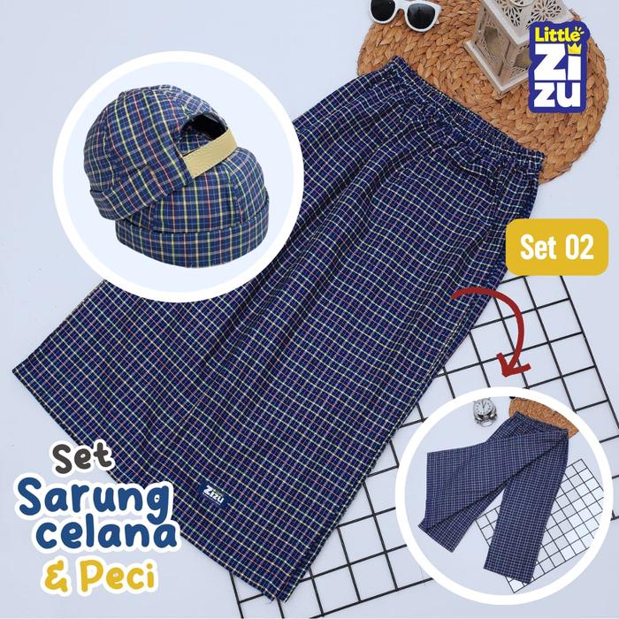 Gambar Set Sarung Celana & Peci Mikihat Anak Motif Kotak-Kotak by Little Zizu - Biru, M dari Little Zizu Kota Depok Tokopedia