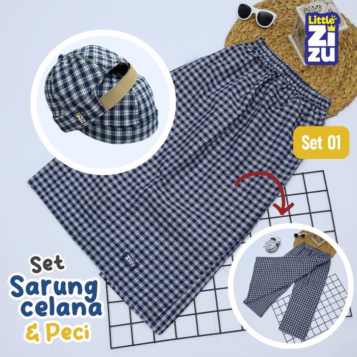 Gambar Set Sarung Celana & Peci Mikihat Anak Motif Kotak-Kotak by Little Zizu - Navy White, XL dari Little Zizu Kota Depok Tokopedia
