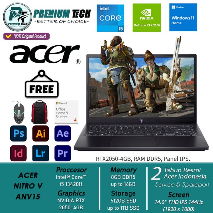 Gambar Laptop Acer Nitro V ANV15 15 Intel i5 1340H RAM 16GB 1TB SSD RTX2050 4GB FHD IPS 144Hz Backlit Win11 Home OHS - TanpaAntiGores, 8GB/512GB SSD dari PREMIUM TECH STORE undefined Tokopedia