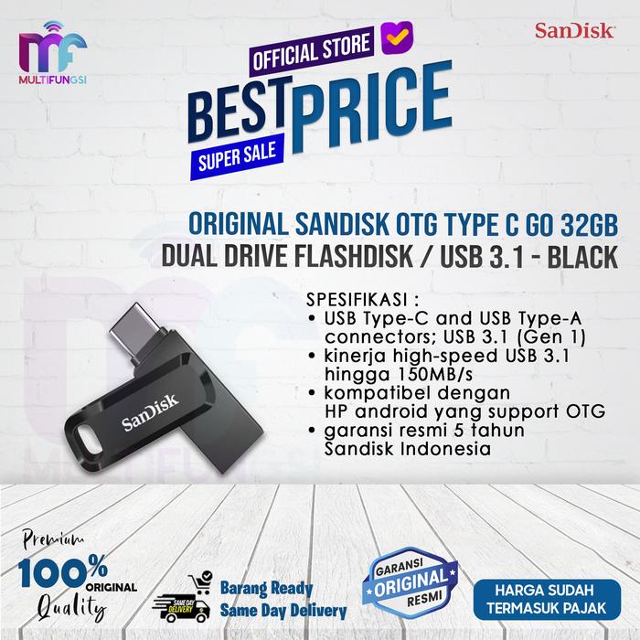 Gambar ORIGINAL SANDISK OTG TYPE C GO 32GB DUAL DRIVE FLASHDISK / USB 3.1 Storage - Black dari Multifungsi Online undefined Tokopedia