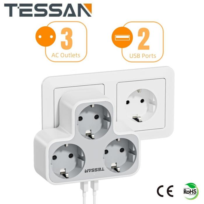 Gambar Tessan Stop kontak Wall Socket Extender Adapter dengan 6 in 1 （3 Outlet +2USB+1Tipe C (5V 3A)） - TS-331-GR dari TIAR COLLECTIONS undefined Tokopedia