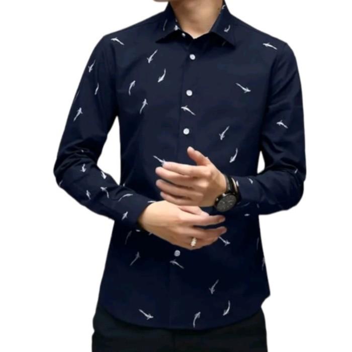 kemeja pria lengan panjang motif casual tbb34 Navy, L
