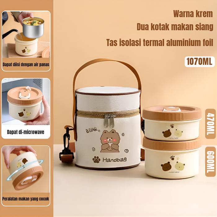 Gambar Kotak Makan Lunch Box Siang Bento Portabel Tahan Bocor Kotak Bekal Tempat Makan Stainless Container Sealed Cangkir Sup Microwave - 2 Box + Tas dari Kazummi House undefined Tokopedia