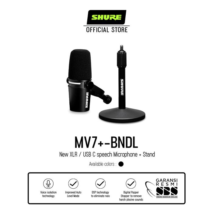 Gambar Shure MV7+-BNDL NEW XLR/USB SPEECH MICROPHONE, BLACK + STAND dari Shure Indonesia Official Store undefined Tokopedia