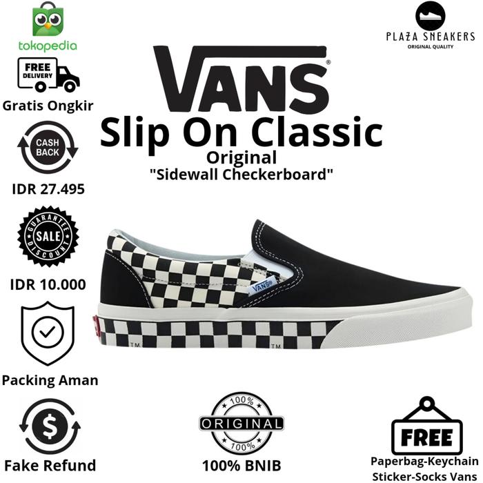 Sepatu Vans Slip On Classic Sidewall Checkerboard Black White Pria Wanita  Sneakers Original 38