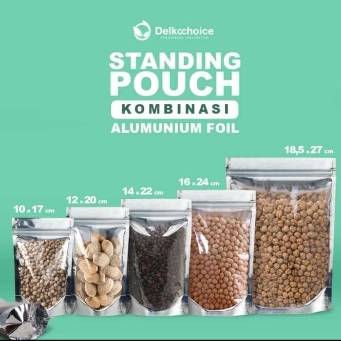 Gambar STANDING POUCH KOMBINASI PLASTIK TRANSPARAN ALUMUNIUM FOIL 25X35 - SILVER CLEAR, 10CM X 17CM dari Sipacking Store undefined Tokopedia