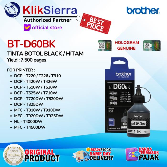 Gambar BROTHER Tinta Botol BT-D60BK | BTD60BK | BTD60 Black Hitam - INK Refill ORIGINAL For Printer T220,  T420W, T520W, T720DW, T820DW, T920DW, T4000DW, T4500DW - BT-D60BK dari KlikSierra undefined Tokopedia