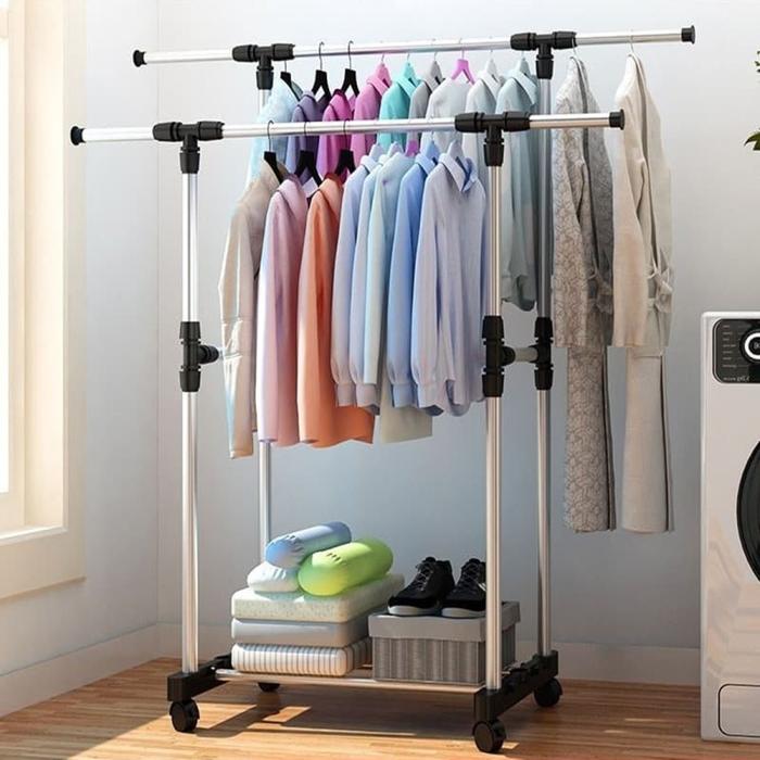 Gambar Stand Hanger Gantungan Baju Display Bazar Butik Gamis Topi Rak Pakaian - double htm roda dari CV Anugerah Sakti undefined Tokopedia