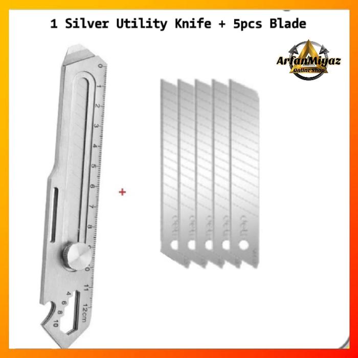 Gambar Pisau Cutter Stainless 18mm 6 in 1 multifungsi Baja Cutter Besi 5 pcs Set Pisau Cutter Pemotong Kertas - Silver dari Arfanmiyaz undefined Tokopedia