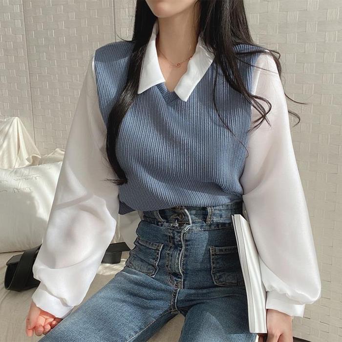 Gambar BAJU ATASAN KEKINIAN WANITA MODEL KEMEJA ROMPI BASIC STYLE KOREA IMPORT 1567 - Biru, S dari WEAR MY undefined Tokopedia