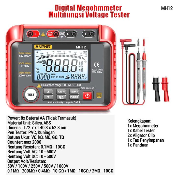 Gambar Alat Ukur Resistansi Isolasi Test Megger Insulation Tester Meger Meter - MH12 MEGGER dari Hantara Tech undefined Tokopedia