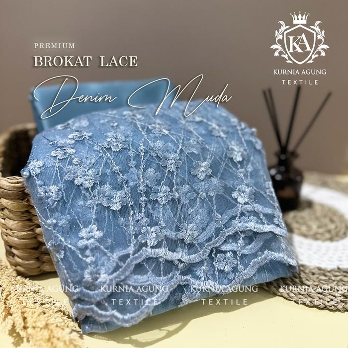 Gambar Kain Brukat Tulle Bordir Mutiara Glitter warna BIRU DENIM Premium Mewah Motif Etnhic Salur Bunga Bahan Kebaya/Seragam Bridesmaid/Dress/Gaun Mewah (Harga per 0.5 meter) - BrokatDenimMuda dari Toko Kain Kurnia Agung undefined Tokopedia