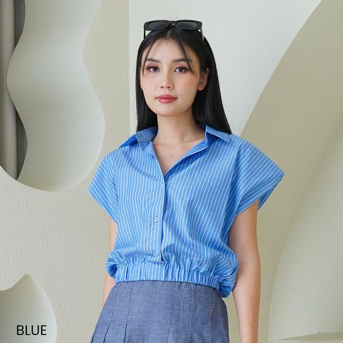 Gambar Kemeja Crop Top Wanita - Blouse Padded Virela Stripe - Atasan Santai Cewek - Biru dari inovashion undefined Tokopedia