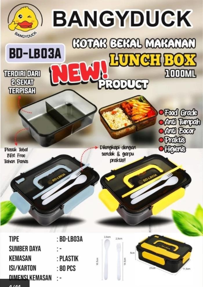 Gambar Kotak Bekal Makan Lunch Box 2 Sekat 1000ml dan 3 Sekat 1500ml Bangyduck BD-LB03A BD-LB04A dilengkapi Sendok dan Garpu - 2 sekat 1000ml dari paradise72 shop undefined Tokopedia