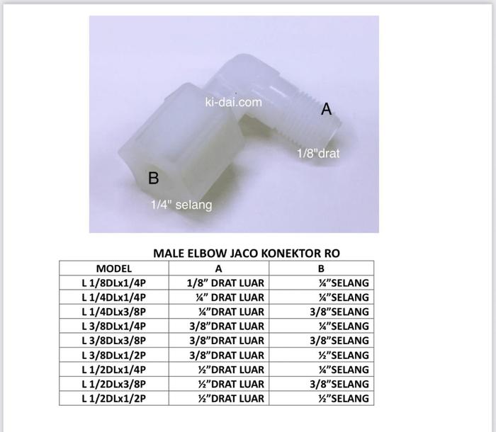 Gambar ELBOW MALE JACO NEPEL KONEKTOR CONNECTOR TUBING PUTAR SELANG RO 1/4" 3/8" 1/2" MADE TAIWAN - L 1/2DL X 1/2P dari Asia filter undefined Tokopedia