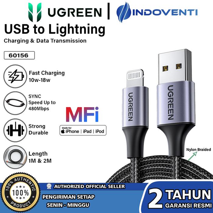 Gambar UGREEN Kabel Charger Data Tranmision 480mbps Untuk iPhone 7 8 X XR 11 12 13 14 Pro Max iPad Gen 10 MFi USB Lightning Dan Type C To Lightning Fast Charging 18W 20W - USB iPhone GREY, 1 Meter dari INDOVENTI undefined Tokopedia
