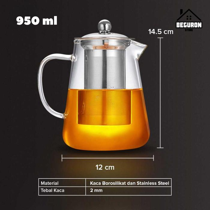 Gambar Teko Teh Kaca Teapot Glass Tahan Panas Api with Saringan - 950 ml dari Beguron Store undefined Tokopedia