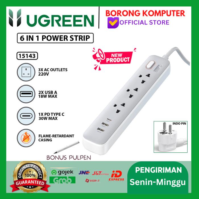 Gambar UGREEN Power Strip 6 IN 1 Stop Kontak Plug Adapter 30W USB Type C - 15143 dari BORONG KOMPUTER undefined Tokopedia