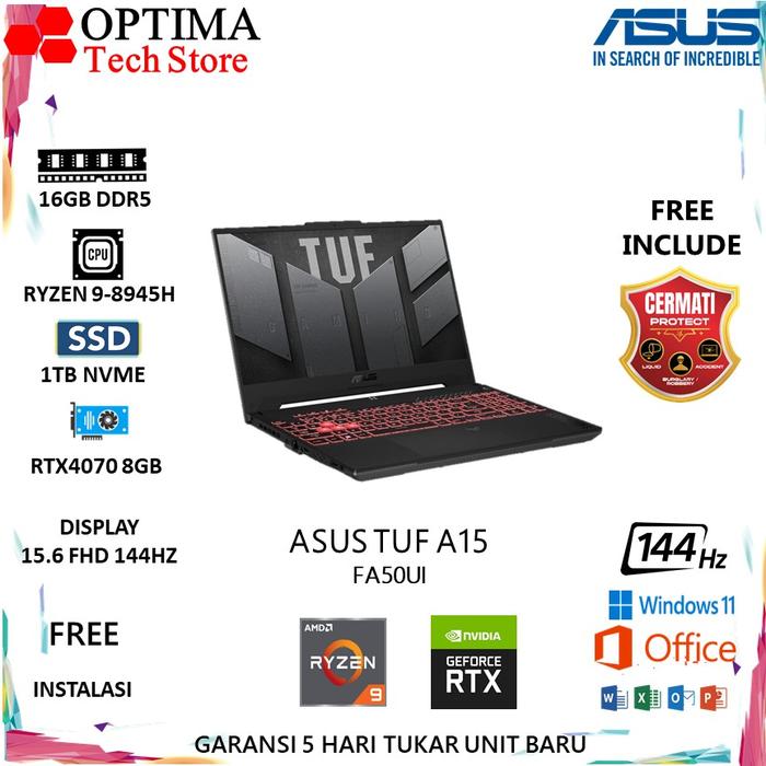 Gambar Asus TUF A15 FA507UI Ryzen 9-8945H RTX4070 8GB/ 16GB 1TB W11+OHS 15.6FHD 144HZ - Unit Only dari Optima Tech undefined Tokopedia